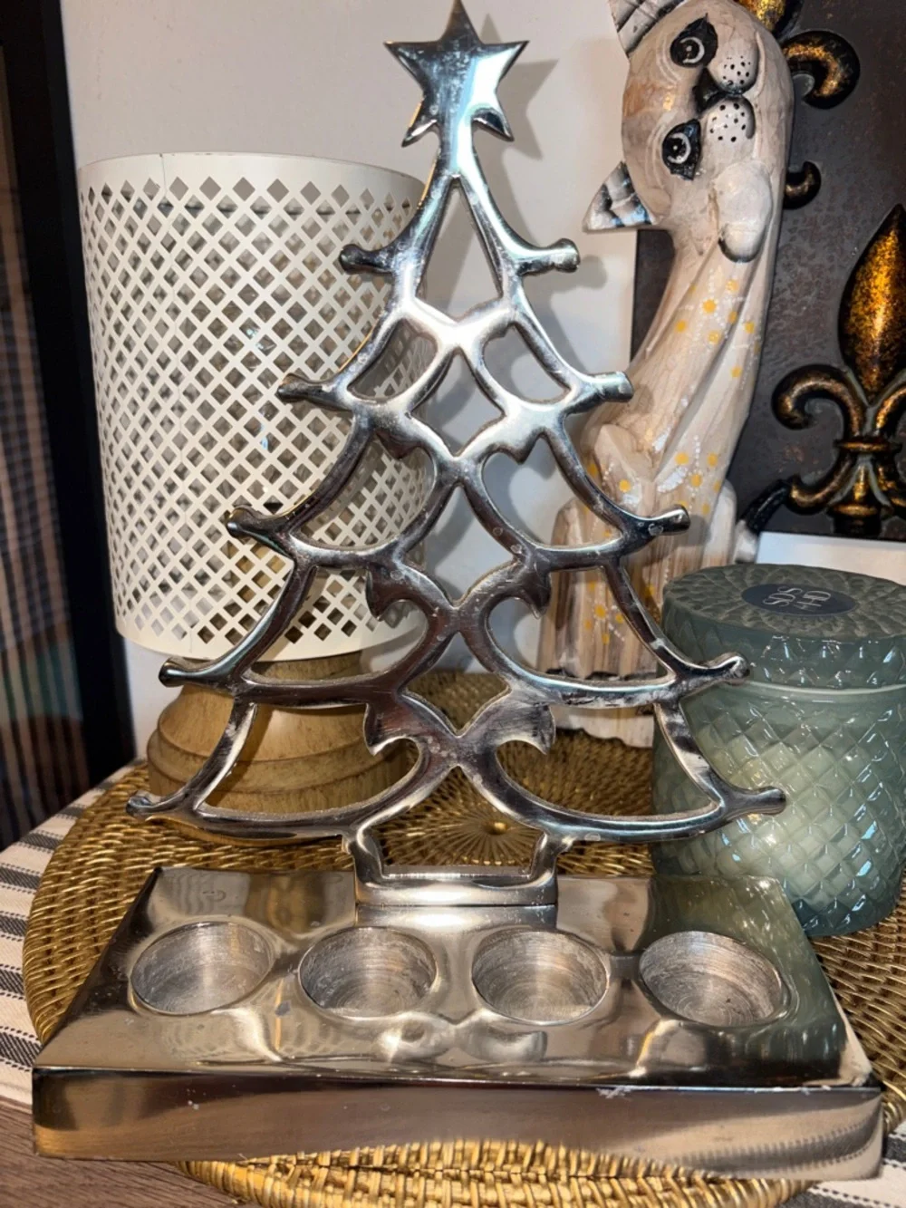 Vintage Crate & Barrel Heavy Cast Aluminum Christmas Tree Candleholder